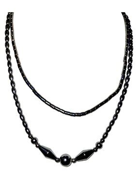 Two Complimentary Hematite Beaded Necklaces One w/ Magnetic Closure 14" and 17"